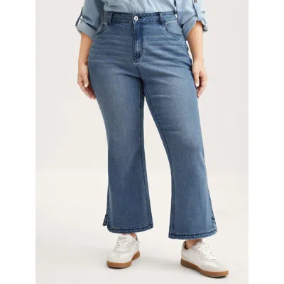 Bloomchic Women's Plus Size Stretch Butt-lifting Flare Jeans Denimblue Slit Slight Flare High Stretch 10/m In Blue