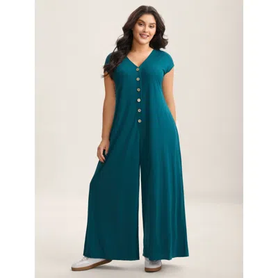 Bloomchic Women's Plus Size Stretch Button Pockets Solid Jumpsuit Aegean Casual 10/m In Blue