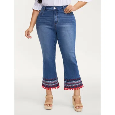 Bloomchic Women's Plus Size Stretch Christmas Color Contrast Bootcut Jeans Midblue Woven Ribbon&lace Trim Slig