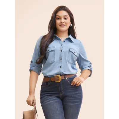 Bloomchic Women's Plus Size Stretch Denim Chest Pockets Jacket Denimblue Casual 10/m In Blue