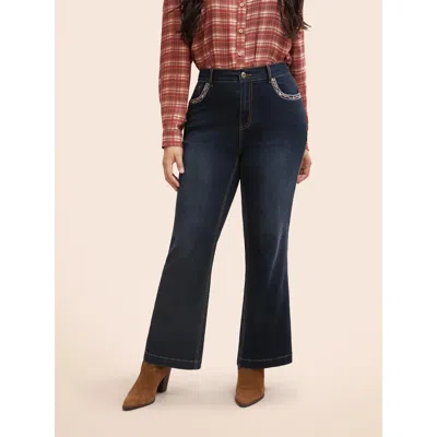 Bloomchic Women's Plus Size Stretch Denim Front Embroided Pockets Flare Jeans Darkindigo Embroidered Flared Me In Purple