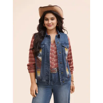 Bloomchic Women's Plus Size Stretch Denim Geometric Spilcing Pocket Jacket Midblue Casual 10/m