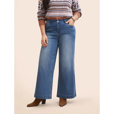 Bloomchic Women's Plus Size Stretch Denim Wide Leg Cut Jeans Denimblue Button Wide Leg Medium Stretch 10/m In Blue
