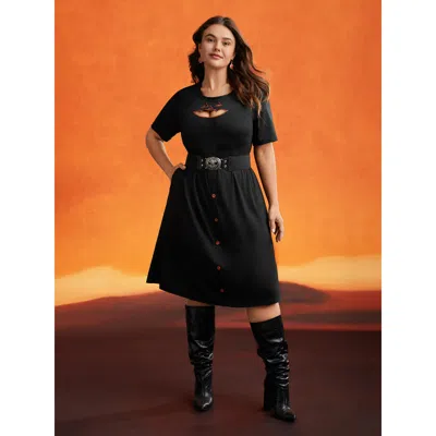 Bloomchic Women's Plus Size Stretch Fabric Pumpkin Cut Out Midi Dress Black Casual Knee Button 22-24/3x