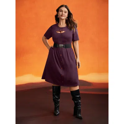 Bloomchic Women's Plus Size Stretch Fabric Pumpkin Cut Out Midi Dress Deeppurplered Casual Knee Button 14-16/1