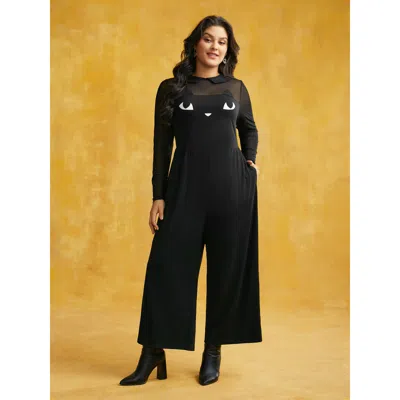 Bloomchic Women's Plus Size Stretch Fabric Spooky Cat Jumpsuit Black Casual 18-20/2x