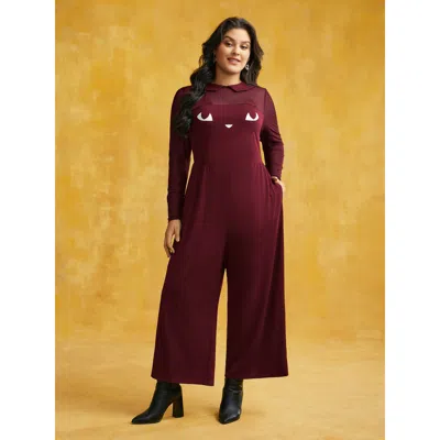 Bloomchic Women's Plus Size Stretch Fabric Spooky Cat Jumpsuit Scarlet Casual 10/m In Red
