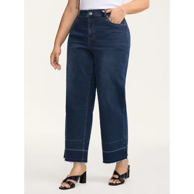 Bloomchic Women's Plus Size Stretch Frayed Hem Straight-leg Jeans Bluevintage Colorblock Straight Fit High Str