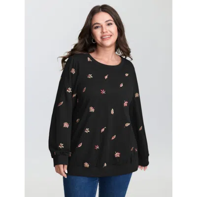 Bloomchic Women's Plus Size Stretch Lead Embroidered Sweatshirt Blackflower Not Graphics Casual Round Neck 10/