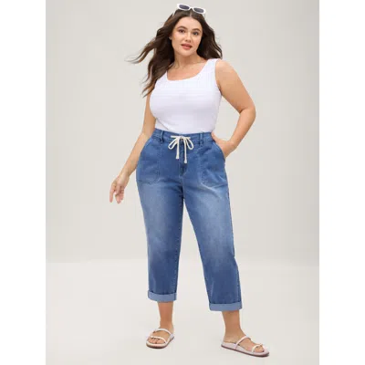 Bloomchic Women's Plus Size Stretch No-gap Elastic Waist Jeans Midblue Elastic Waist Straight Fit High Stretch
