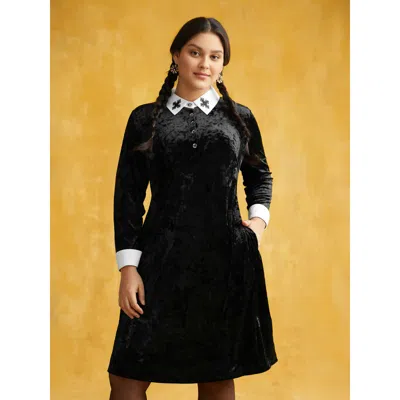 Bloomchic Women's Plus Size Stretch Velvet Collared Midi Dress Black Party Knee Texture 10/m