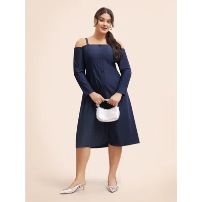 Bloomchic Women's Plus Size Stretch Woven One-shoulder Midi Dress Darkblue Non Midi Office Button 12/l In Blue
