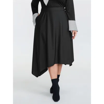 Bloomchic Women's Plus Size Stretchy Asymmetrical Hem Pocketed Midi Skirt Black Asymmetrical A-line Office 10/