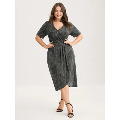 Bloomchic Women's Plus Size Stretchy Asymmetrical Hem Surplice Midi Dress Black Non Midi Office Overlapping 30