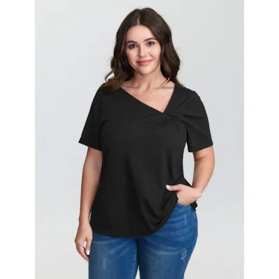 Bloomchic Women's Plus Size Stretchy Asymmetrical Neckline T-shirt Black Solid Casual Short Sleeve Asymmetrica