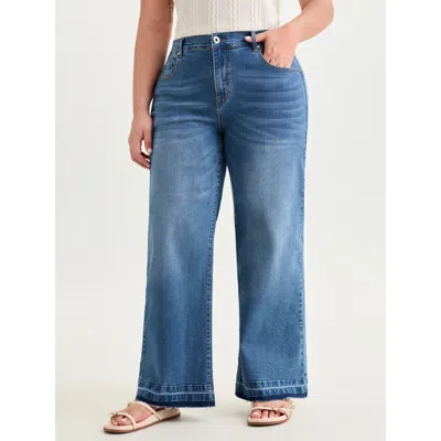Bloomchic Women's Plus Size Stretchy Back Elastic Waist Wide Leg Jeans Midblue Non Wide Leg Medium Stretch 28/