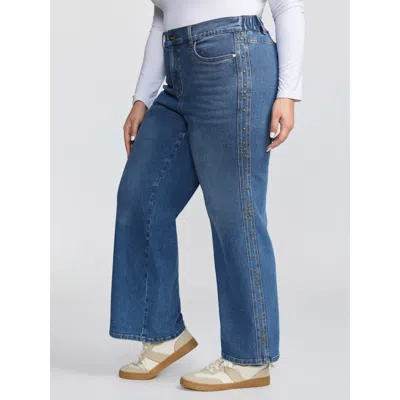 Bloomchic Women's Plus Size Stretchy Back Waistband Wide-leg Jeans Bluevintage Rhinestone Detailing Wide Leg M