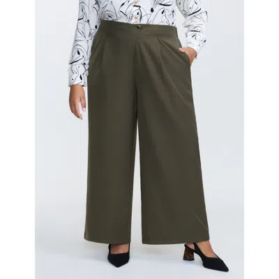 Bloomchic Women's Plus Size Stretchy Back Waistband Wide-leg Pants Armygreen Solid Straight Fit Mid Rise Offic