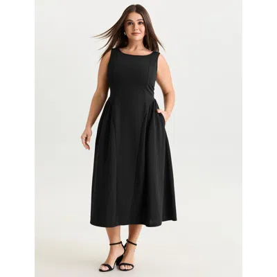 Bloomchic Women's Plus Size Stretchy Boat Neckline Flowy Midi Dress Pureblack Solid Midi Office 10/m