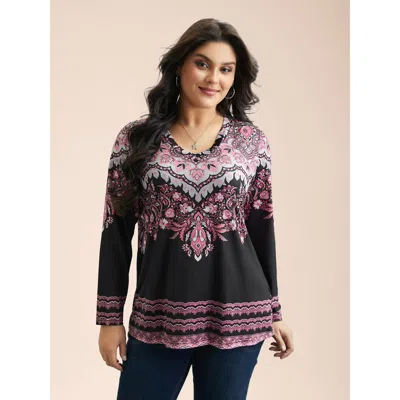 Bloomchic Women's Plus Size Stretchy Boho Print Full Sleeve T-shirt Black Bohemian Print Everyday Extra Long S