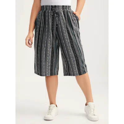 Bloomchic Women's Plus Size Stretchy Boho Stripes Straight-leg Pants Black Stripes Straight Fit Mid Rise Casua