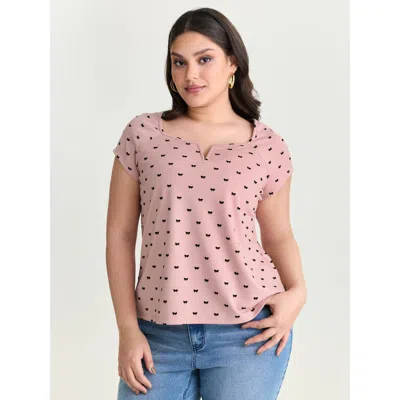 Bloomchic Women's Plus Size Stretchy Bowknot Print Split Neck T-shirt Dirtypink Else Elegant Cap Sleeve V-notc