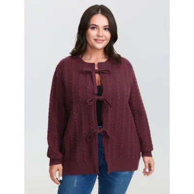 Bloomchic Women's Plus Size Stretchy Braided Textured Front-tie Knit Cardigan Deepred Long Sleeve 10/m In Red