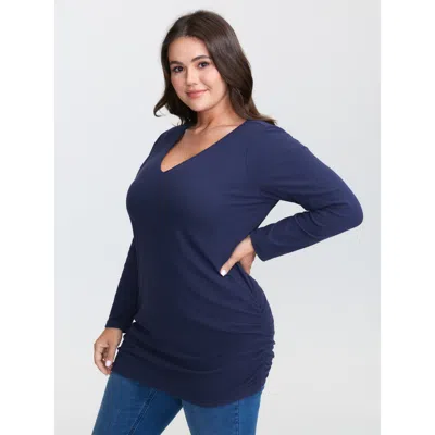 Bloomchic Women's Plus Size Stretchy Brushed Fabric Ruched T-shirt Indigo Non Casual Long Sleeve 12/l In Purple