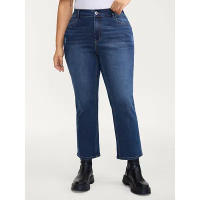 Bloomchic Women's Plus Size Stretchy Butt-lifting Rubber Waist Straight-leg Jeans Midblue Straight Fit High St