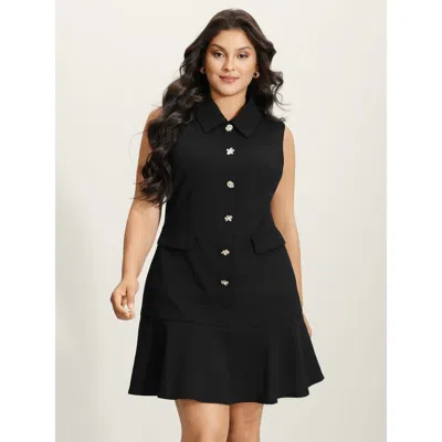 Bloomchic Women's Plus Size Stretchy Button Decor Knee-length Dress Black Solid Mini Office Non 30/6x