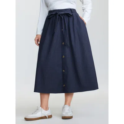 Bloomchic Women's Plus Size Stretchy Button Detail Waist-tie Maxi Skirt Denimblue Button Front A-line Casual 1 In Blue