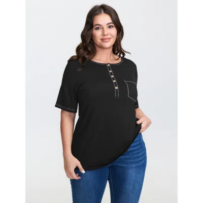 Bloomchic Women's Plus Size Stretchy Button Placket Plain T-shirt Black Non Casual Short Sleeve 10/m