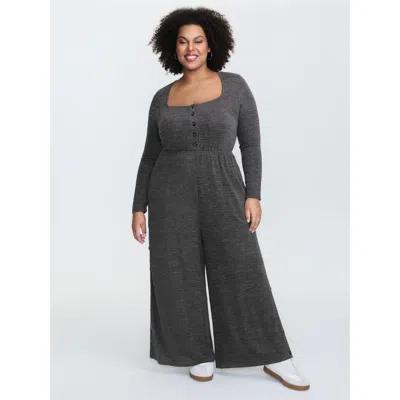 Bloomchic Women's Plus Size Stretchy Button Placket Wide-leg Jumpsuit Darkgray Casual 10/m In Gray