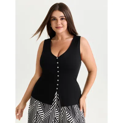 Bloomchic Women's Plus Size Stretchy Button-front Tunic Style Top Pureblack Sleeveless Office V-neck 10/m