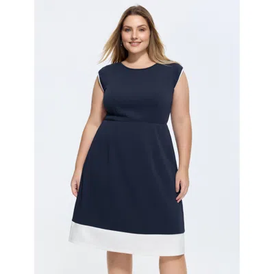 Bloomchic Women's Plus Size Stretchy Cap Sleeve Color Contrast Mini Dress Indigo Solid Midi Office Colorblock  In Purple