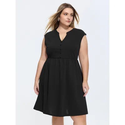 Bloomchic Women's Plus Size Stretchy Cap Sleeve Sleeveless Mini Dress Black Solid Knee Length Office Smocked 2