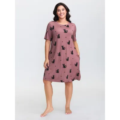Bloomchic Women's Plus Size Stretchy Cat Print Round Neck Nightgown Russet Short Sleeve Mini Round Neck 10/m In Brown