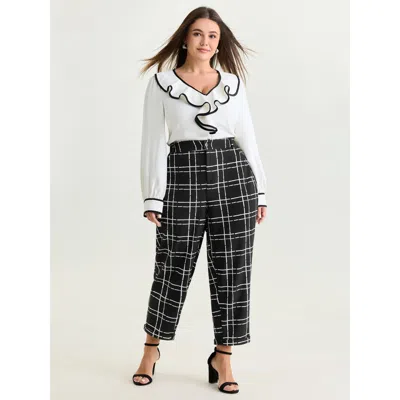 Bloomchic Women's Plus Size Stretchy Check Print Button Pants Black Plaid Jogger Mid Rise Office 10/m
