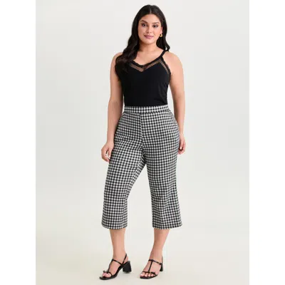 Bloomchic Women's Plus Size Stretchy Checkered Print Cropped Flared Pants Black Slight Flare Mid Rise Elegant 