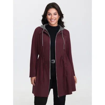 Bloomchic Women's Plus Size Stretchy Color Contrast Hooded Jacket Burgundy Colorblock Fit & Flare 12/l