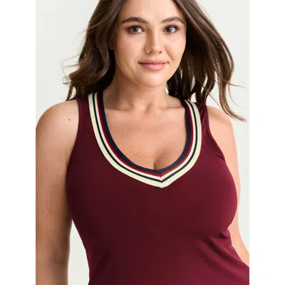 Bloomchic Women's Plus Size Stretchy Color Contrast Neckline Tank Top Burgundy Casual Fitted Corset Deep V-nec