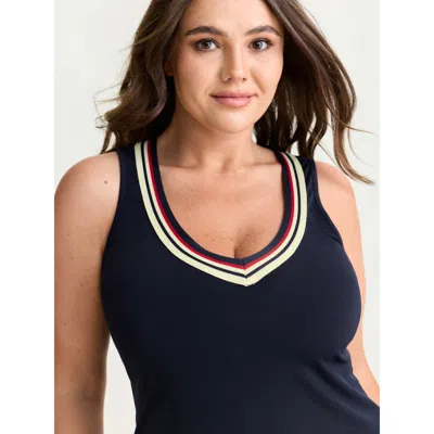 Bloomchic Women's Plus Size Stretchy Color Contrast Neckline Tank Top Midnight Casual Fitted Corset Deep V-nec In Blue