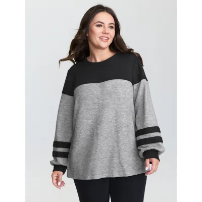 Bloomchic Women's Plus Size Stretchy Colorblock Striped Sweatshirt Black Not Graphics Casual Round Neck 14-16/