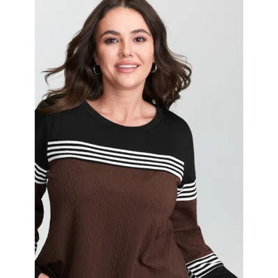 Bloomchic Women's Plus Size Stretchy Colorblock Textured Striped T-shirt Multicolor Stripes Casual Long Sleeve