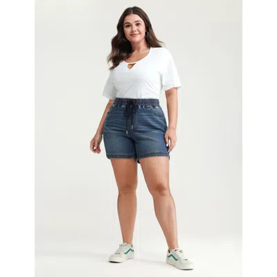 Bloomchic Women's Plus Size Stretchy Contrast Drawstring Skinny-fit Denim Shorts Midblue High Rise Medium Stre