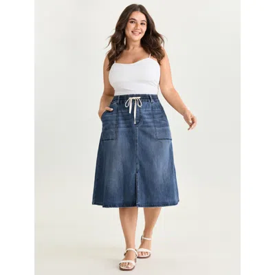 Bloomchic Women's Plus Size Stretchy Contrast Drawstring Waist Midi Denim Skirt Midblue Non Casual High Rise 1