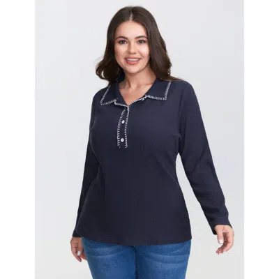 Bloomchic Women's Plus Size Stretchy Contrast Edge Button Placket T-shirt Indigo Synthetic Texture Casual Extr In Purple