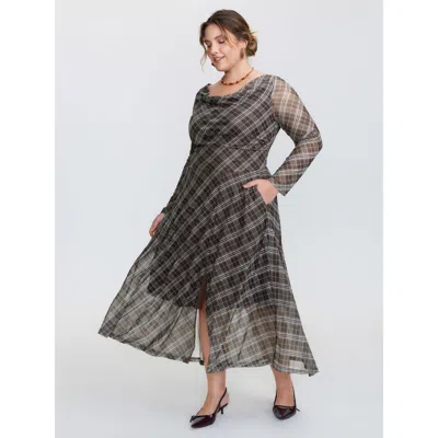 Bloomchic Women's Plus Size Stretchy Cowl Neckline Slit Pockets Maxi Dress Browncoffeecolor Plaid Midi Elegant