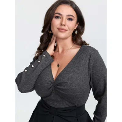 Bloomchic Women's Plus Size Stretchy Cross Neck Cutout Ribbed Knit Top Dimgray Synthetic Texture Elegant Long 