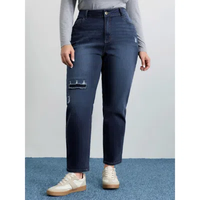 Bloomchic Women's Plus Size Stretchy Crown Ripped Straight-leg Jeans Denimindigo Cut-out Straight Fit High Str